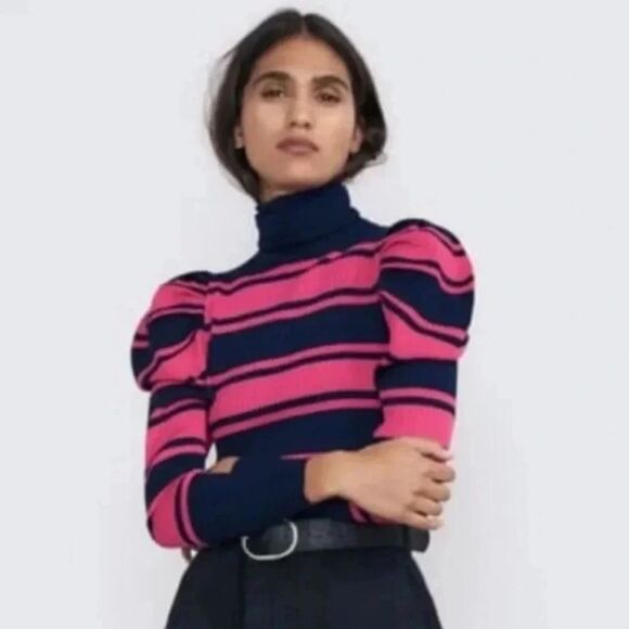 Zara Puff Sleeve Turtle Neck Pink Striped - Picture 1 of 4